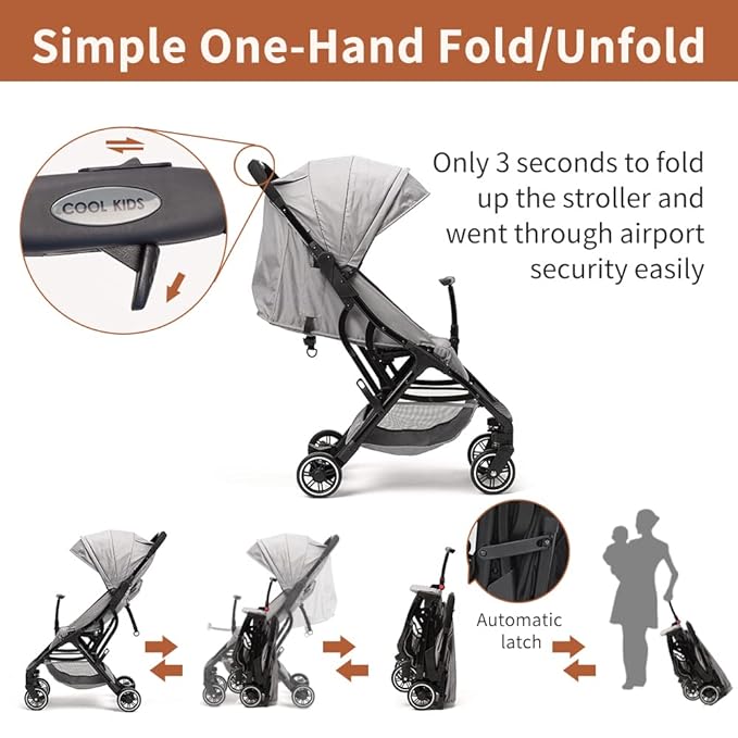 COOL KIDS Portable Stroller with Automatic Fold，Lightweight Umbrella Stroller with Pop Out Sun Canopy for Travel(Gray)