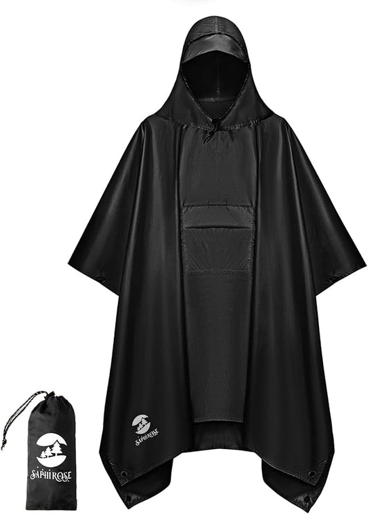 SaphiRose Extra Thick Hooded Rain Poncho Double Layer Waterproof Raincoat Jacket for Men Women Adults