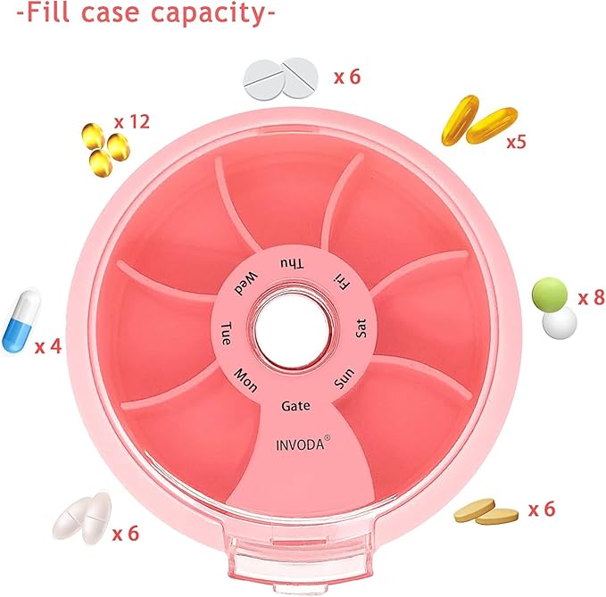 12PCS INVODA Weekly Pill Organizer 7 Compartment Rotating Pill Box for Daily Medication & Vitamins - Portable Travel Pill Case Fish Oil Supplements Vitamins Organizer