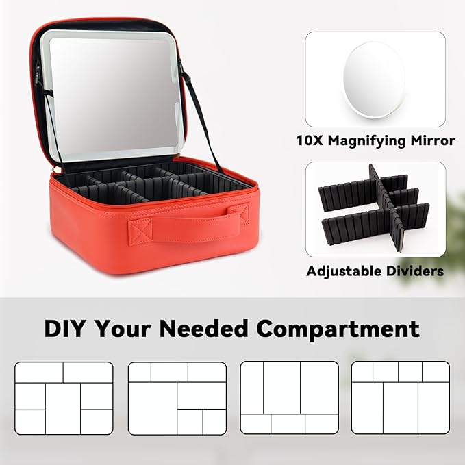 Travel Makeup Bag with LED Mirror and 10x magnifying glass with 3 Lighted Settings, Adjustable Dividers and Makeup Brush Storage Bag Red