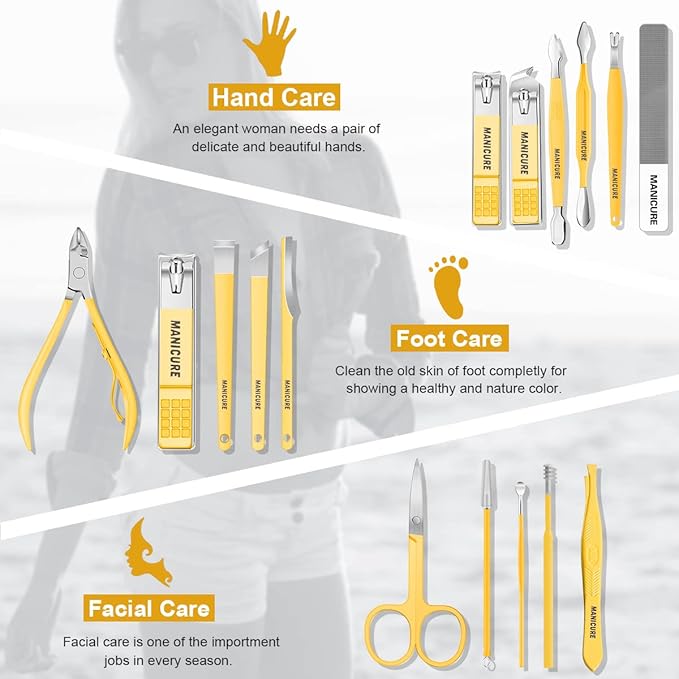 Manicure Set Professional Nail Clippers Pedicure Kit, 16 pcs Stainless Steel Nail Care Tools Grooming Kit with Luxurious Travel Leather Case for Thick Nails Men Women Gift (Yellow)