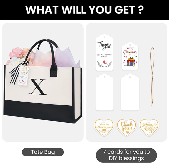 BAGAIL Initial Tote Bag, Personalized Birthday Gifts for Women, Teacher, Friends, Mom, Wedding, Monogrammed Beach Bag