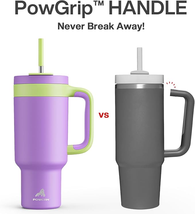 POWCAN 40 oz Tumbler with Handle, 2-in-1 Straw and Sip Lid, Leakproof, Dishwasher Safe, Insulated Stainless Steel Travel Coffee Mug, Keeps Cold for 34 Hours, Fits in Car Cup Holder (Wisteria)