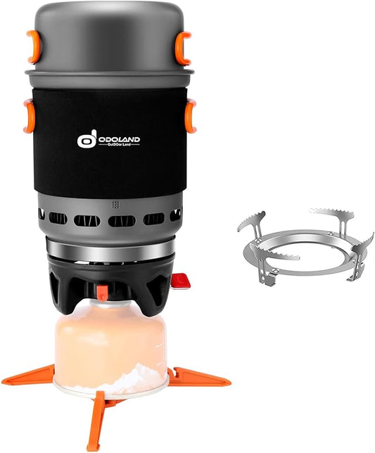 Odoland Heat Exchange Camping Pot with Backpacking Stove 7-In-1 Camping Cookware Mess Kit for Hiking, Trekking, Fishing and Picnic