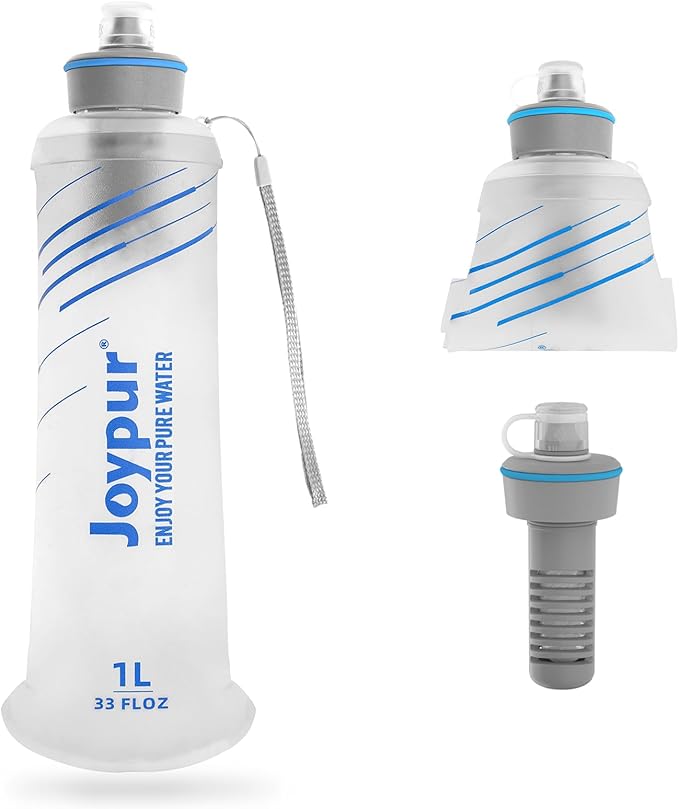 Collapsible Water Bottle with Filter - 1L Squeeze Water Filtered Bottle Camping Survival Hiking Backpacking, Portable Water Filter with NSF/FDA Certification, White