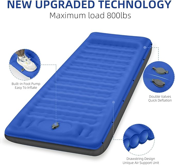 Camping Sleeping Pad 5 Inch, Inflatable Sleeping Pad with Pillow & Built-in Foot Pump - Extra Thick Air Mattress for Camping, Backpacking, Tent - Lightweight Compact Floor Bed (Blue Grey)
