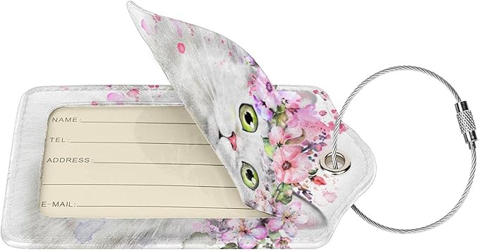 2 Pcs Cute White Cat with Pink Flowers Pattern Leather Luggage Tags, Funny Animal-Themed Suitcase Labels Bag Tag Name ID Labels with Privacy Cover for Teen Kids Adults