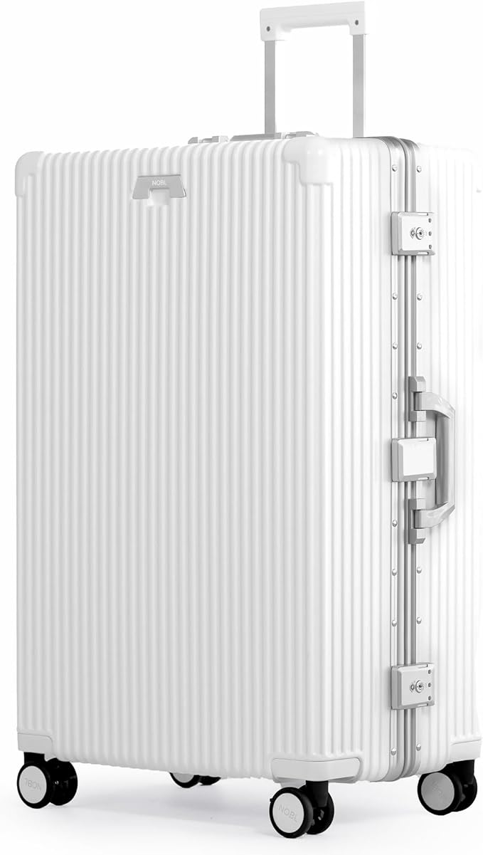 Nobl Travel Zipperless Check In Suitcase - Aluminum Frame, Check In luggage 30.2x20x12 Airline Approved by Noble Travel - Unbreakable Polycarbonate Shell - Dual TSA Locks, 360° Spinner Wheels - White