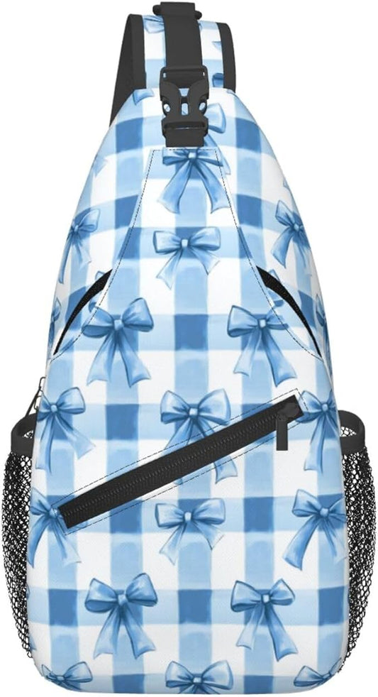 SUPLUCHOM Sling Bag Blue Bows Check Hiking Daypack Crossbody Shoulder Backpack Travel Chest Pack for Men Women