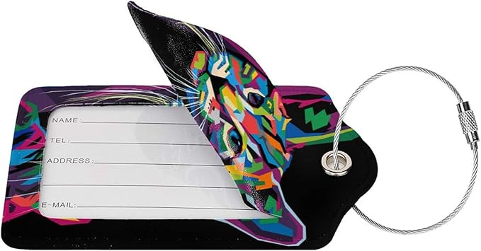 2-Pack Artistic Cat Luggage Tags for Suitcases, Leather Art Style Colorful Animal Baggage Tag with Loop, Funny Cool Name ID Card Cover Travel Bag Labels Set for Women Men Boys Girls Kids