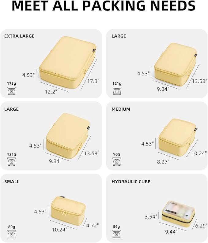 6 Set Compression Packing Cubes for Travel, Large Medium Small Luggage Organizers, Storage Bags for Clothes (6 Pack, Bright Yellow)