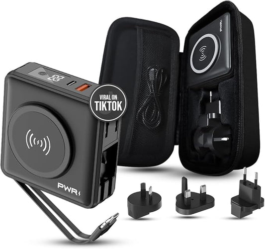 PWR Travel PRO 5-in-1 Power Bank with Case Included – 10,000mAh with Built-in Cables – 20W USB-C + 15W Wireless Charging – Compact Portable Charger for iPhone & Android- Black