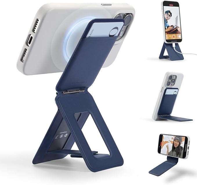 MOFT Phone Tripod Wallet for iPhone, Mulit-Angles, Lightweight & Portable Phone Stand, MOVAS Vegan Leather Magnetic Wallet, Strong Magnets, NFC Card Holder,Travel Essential, Navy Blue (With Card Slot)