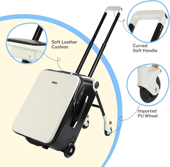 FAHKNS Ride on Suitcase luggage with Seat for Kids,21 inch Hardside Carry on Luggage with Wheels for Travel,2-in-1 Case & Baby Stroller,White