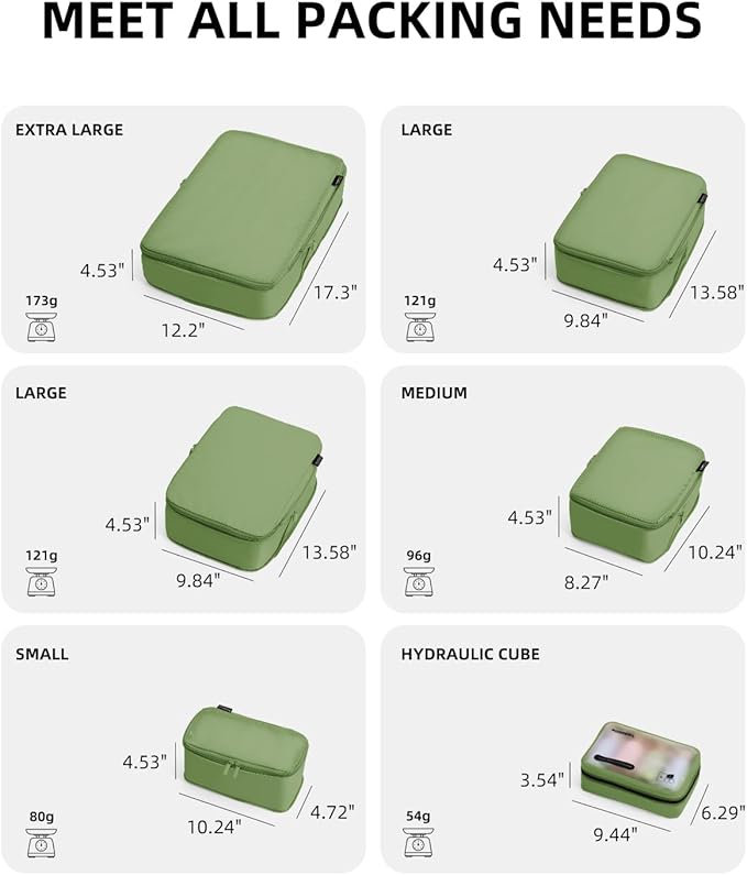 6 Set Compression Packing Cubes for Travel, Large Medium Small Luggage Organizers, Storage Bags for Clothes (6 Pack, Forest Green)