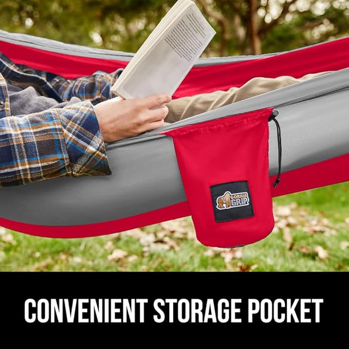 GORILLA GRIP Durable Portable Camping Hammock, Holds 400lbs with Heavy Duty Tree Straps, Comfortable Travel Swing, Camp Hammocks, Easy to Use and Install, Outdoor Essentials, Red, 9x4.5 FT