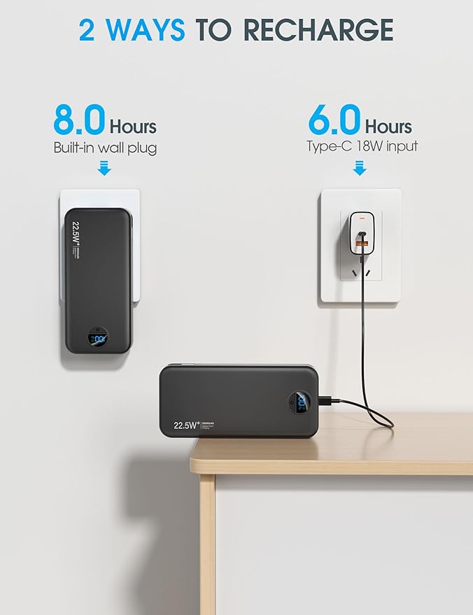 Portable Charger Power Bank, 20000mAh 22.5W USB C Fast Charging with Built-in Cables & Wall Plug, External Battery Bank with LED Display, Travel Essential Compatible with iPhone, iPad, Samsung Black