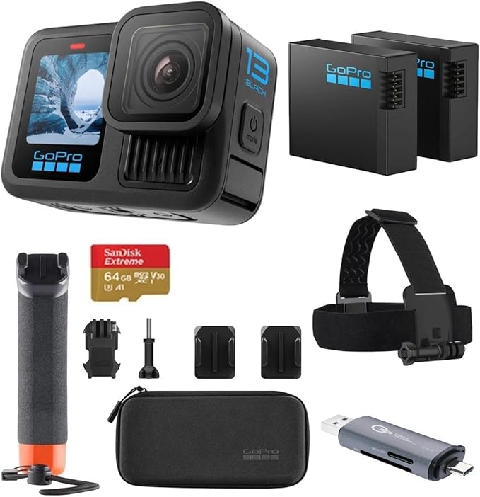 GoPro HERO13 Black Accessory Bundle - Includes The Handler, 2 Enduro Batteries, 2 Curved Adhesive Mounts, 64GB SanDisk MicroSD Card, and Carrying Case, Head Strap & Card Reader