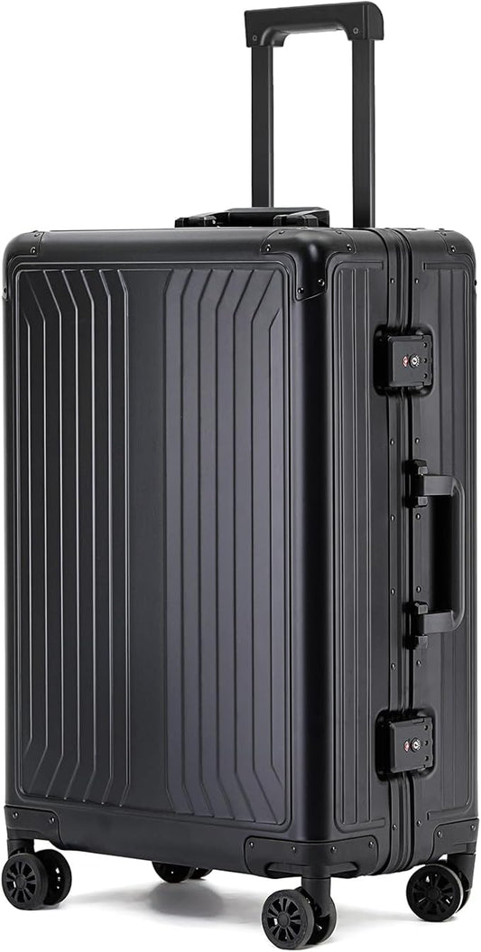Metal all aluminum carry-on suitcase 20 "hard face, TSA lock and rotating wheel zippered luggage set (black, 28 '')