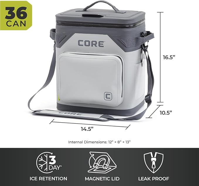 CORE Magnetic Leak Proof Soft Cooler with Waterproof Zipper | Insulated Bag Portable Ice Chest Box | Best Soft Cooler for Food & Beverages for Tailgating, Car Camping, Travel, and Family Beach Picnics