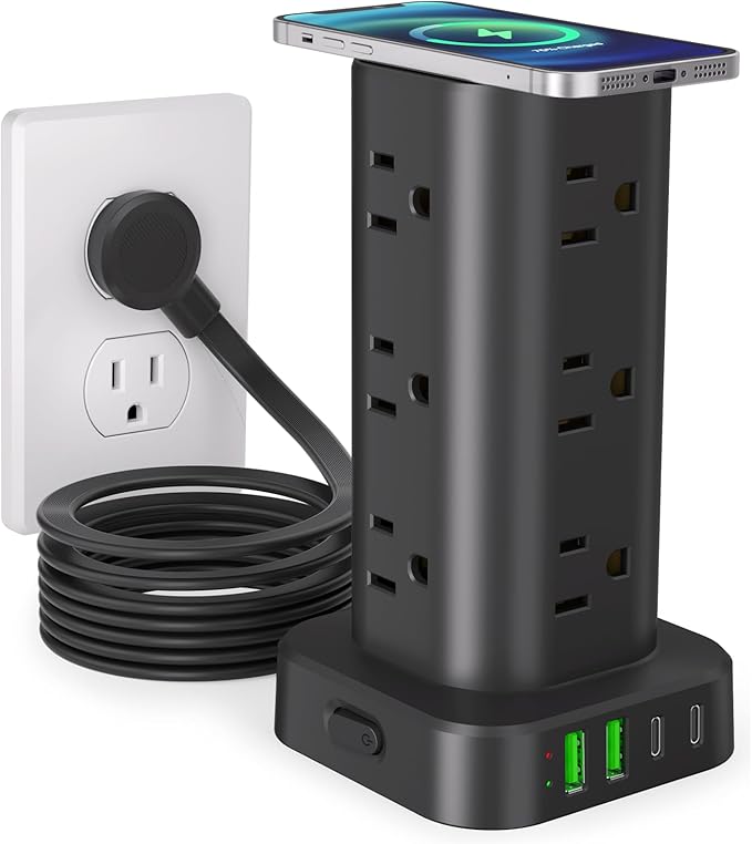 Power Strip Tower with Wireless Charger, Flat Plug Surge Protector Tower with 10FT Extension Cord, 12 AC Multiple Outlets, 4 USB (2 USB C),15W Wireless Charging Power Tower for Home Office Dorm, Black