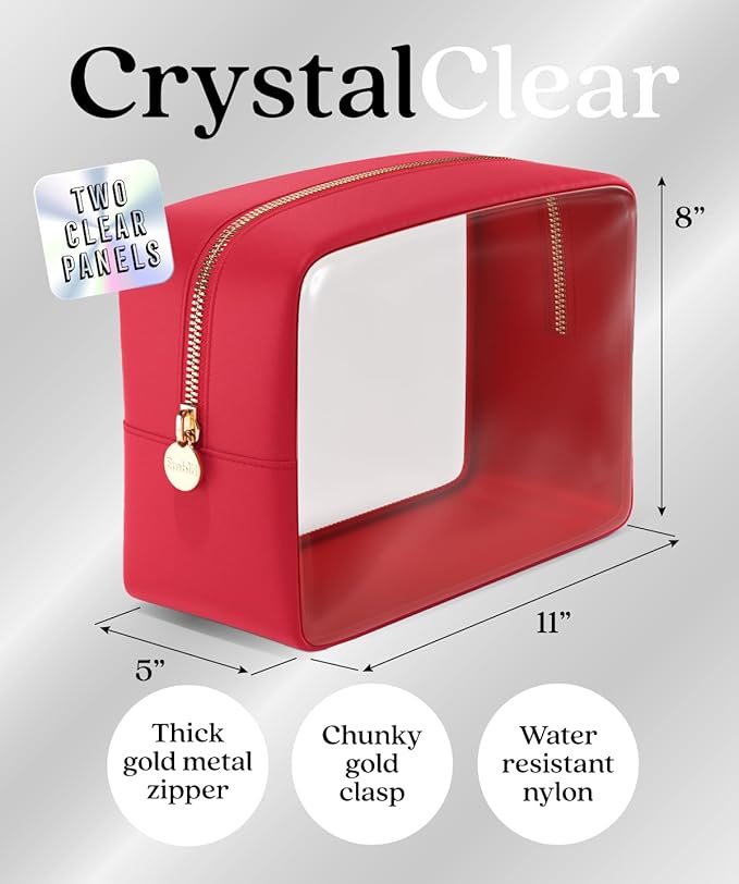 Clear Makeup Bag Zipper Pouch, Transparent Cosmetic Case Organizer, TSA Approved Travel Toiletry Case, Travel Accessories Essentials Makeup Tote for Women, Large Cute Make up Bag for Purse - Ruby