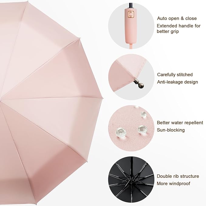 2-Pack Windproof, Waterproof, UV-Blocking Portable Travel Umbrella, Compact Sun & Rain Folding Umbrella, Double Rib Structure, Large Auto Open and Close Car Umbrella