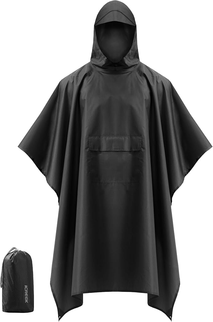 iCreek Hooded Rain Poncho with Pocket Waterproof Lightweight Unisex Raincoat Jacket for Hiking, Camping, Outdoor