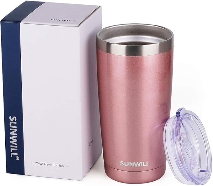SUNWILL Travel Coffee Tumbler 20 oz, Insulated Mug with Lid, Stainless Steel Cup for Hot and Cold Drinks, Rose Gold