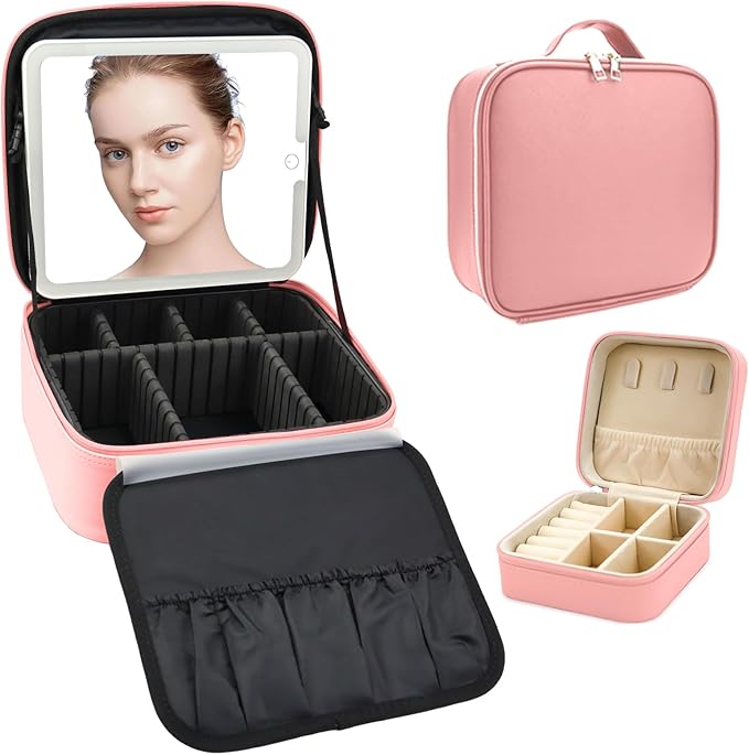 Travel Makeup Bag with LED Mirror with 3 Lighted Settings, Adjustable Dividers, Makeup Brush Storage Bag and Jewelry Case Pink