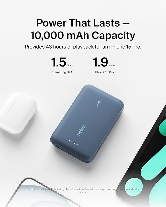 Belkin Portable Charger, Portable Power Bank with Integrated Cable 10000 mAh 20W - Fast Charge USB C Power Delivery, iPhone Charger - iPhone 16 Series, iPad Pro, Galaxy S25, & More - Blue