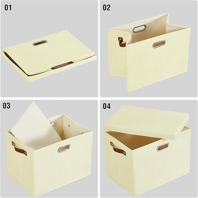 17" Large Collapsible Storage Bins with Lids, Stackable Closet Organizers with PU Handle and Labels, 3-Pack Decorative Fabric Storage Boxes for Home, Bedroom, Closet, Office, Nursery(Beige)