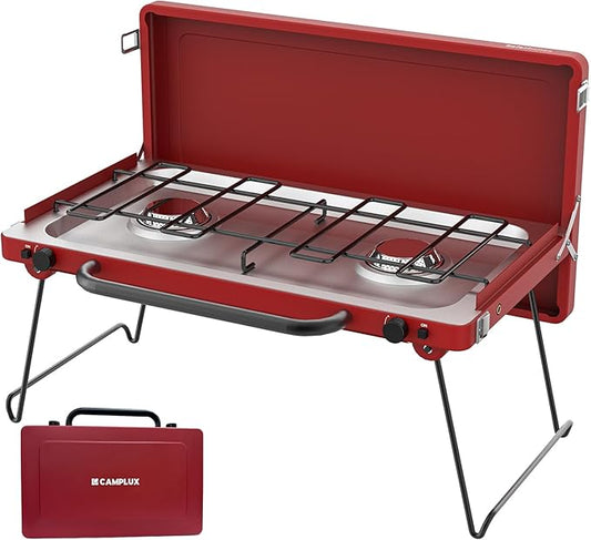 CAMPLUX Safari 2 Burner Propane Camping Stove 20,000 BTU, Portable 2 Burner Propane Camping Grill Stove with Foldable Legs, Push-Button Ignition, CSA Certified Regulator & Hose for Outdoor Cooking