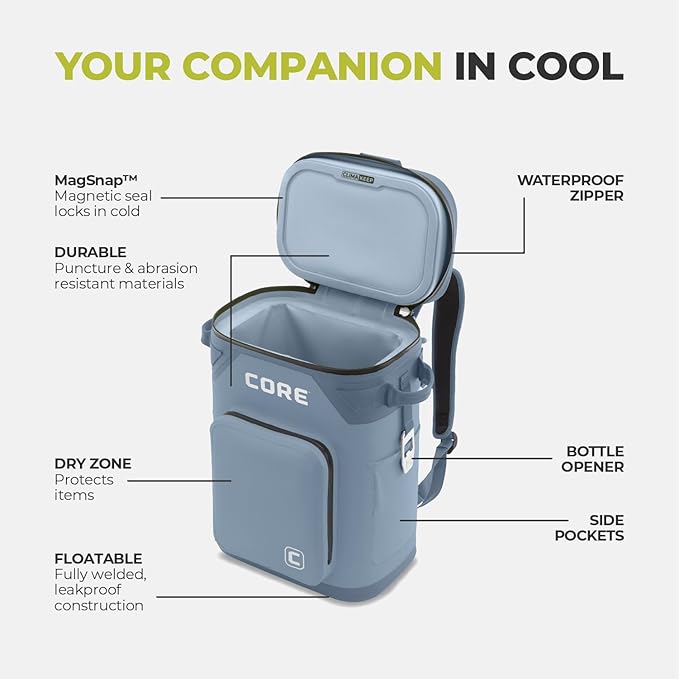 CORE Magnetic Leak Proof Soft Cooler with Waterproof Zipper | Insulated Bag Portable Ice Chest Box | Best Soft Cooler for Food & Beverages for Tailgating, Car Camping, Travel, and Family Beach Picnics