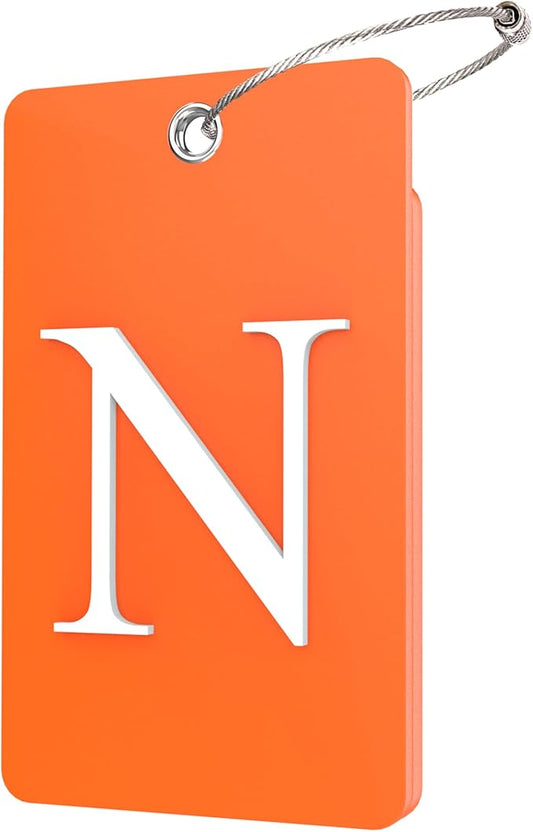 Gostwo 2 Pack Luggage Tags for Suitcases, 26 Initial Letter Travel Luggage Baggage Identification Labels ID Tag Fully Bendable Tags with Stainless Steel Loop (Orange) (Letter N)