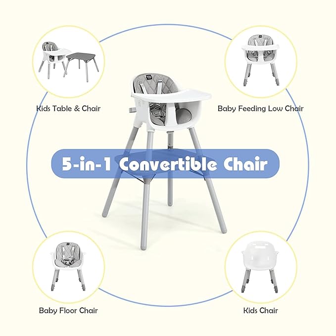 BABY JOY High Chair, 5 in 1 Convertible Highchair for Babies & Toddlers | Booster Seat | Table and Chair Set | Infant Feeding Chair with Removable Tray, Safety Harness, Removable Cushion (Gray)