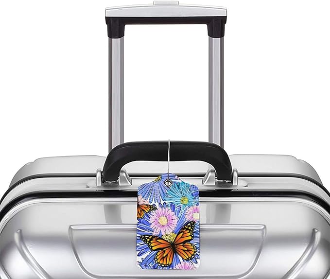 Set of 2 Artistic Flowers Luggage Tags with Butterfly Pattern, Pretty Suitcase Tag Privacy Name ID Card Pink Blue Floral Travel Bag Labels with Stainless Steel Loop for Women Girls Kids Adult