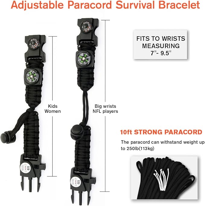 20 in 1 Survival Paracord Bracelet Adjustable Gear Kit with SOS LED Light, Fire Starter, Bigger Compass, Survival Whistle, Perfect for Camping, Hiking, Fishing