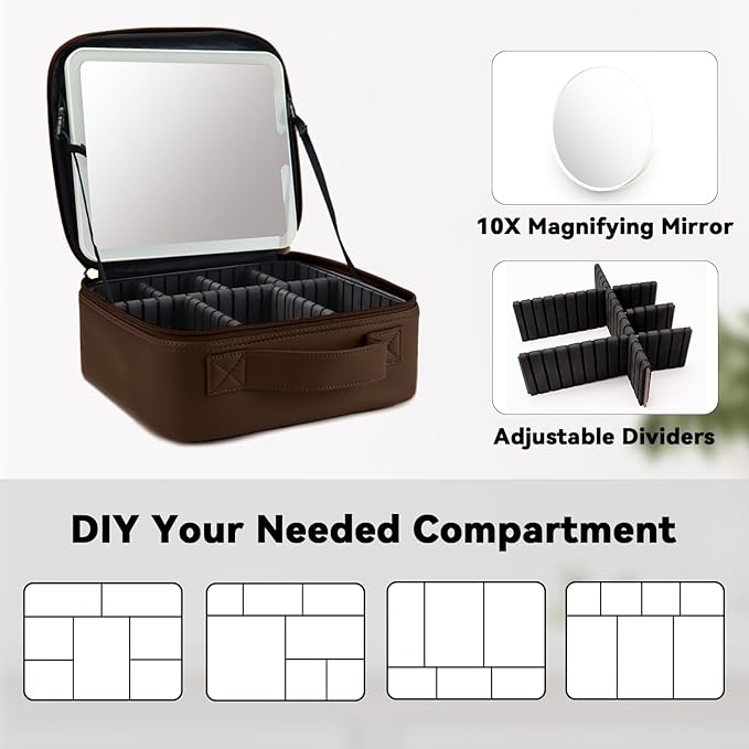 Travel Makeup Bag with LED Mirror and 10x magnifying glass with 3 Lighted Settings, Adjustable Dividers and Makeup Brush Storage Bag Mocha