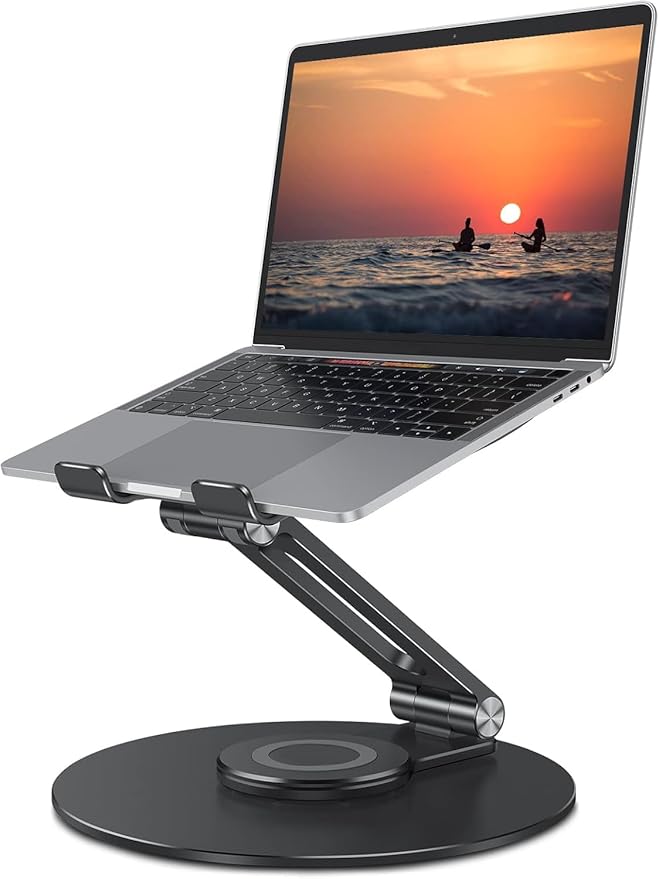 OMOTON Adjustable Laptop Stand with 360 Rotating Base, Ergonomic Laptop Riser for Collaborative Work, Dual Rotary Shaft Fully Foldable for Easy Storage, Fits All Laptops up to 16 inches, Black