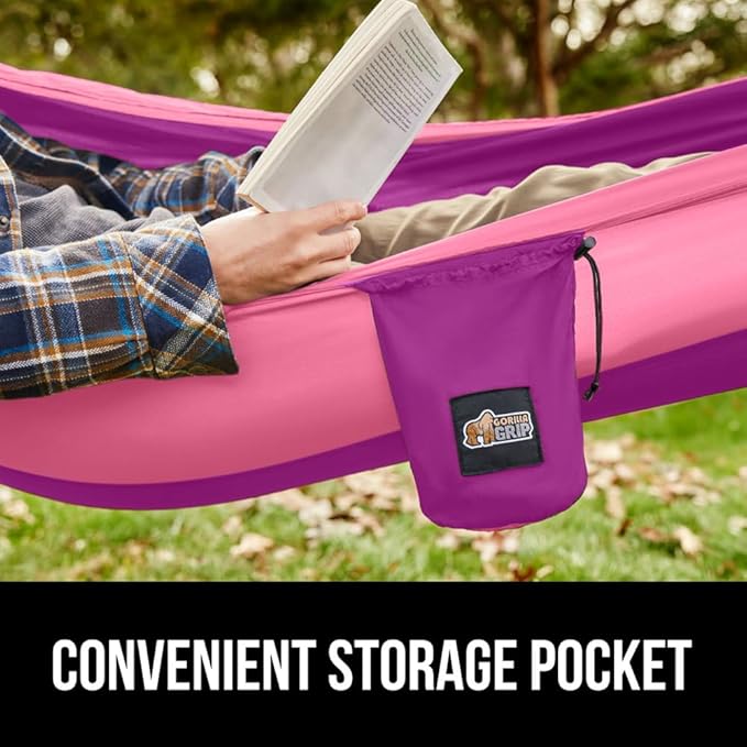 GORILLA GRIP Durable Portable Camping Hammock, Holds 500lbs with Heavy Duty Tree Straps, Comfortable Travel Swing, Camp Hammocks, Easy to Use and Install, Outdoor Essentials, Purple, 10x6.5 FT
