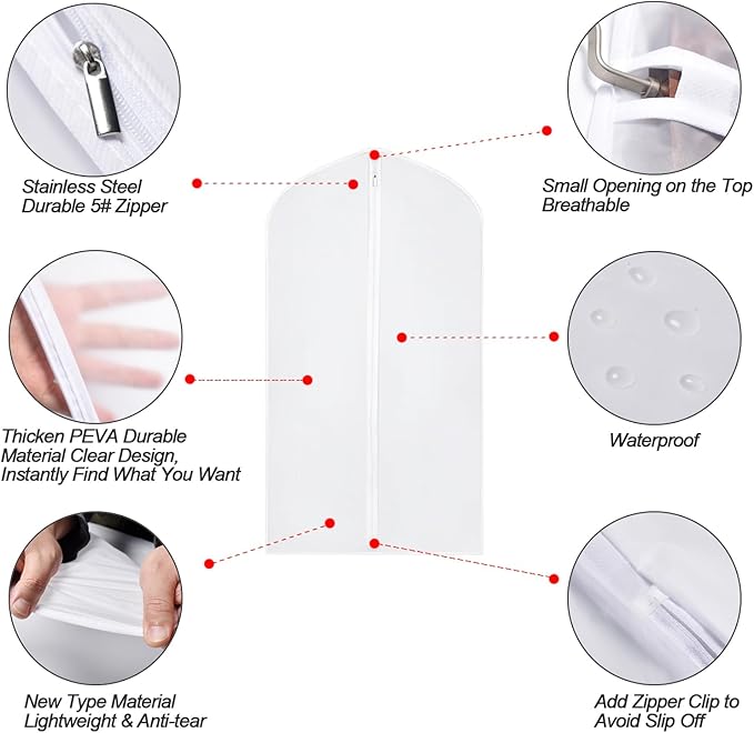 Garment Bag Covers 24''X54'' Lightweight White PEVA Breathable Bags (Pack of 6) with Study Full Zipper for Closet Clothes Storag (24''X55'', White)