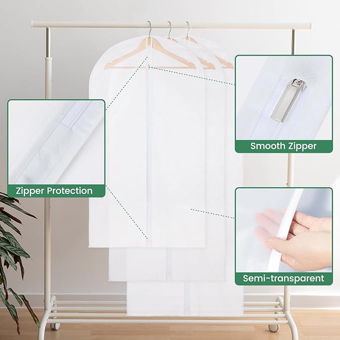 10 Pack Translucent Garment Bags for Hanging Clothes - Frosted Clothes Storage Bags for Suits, Shirts, Dresses, Closet Storage, Travel - 24" x 40"/47"/55"