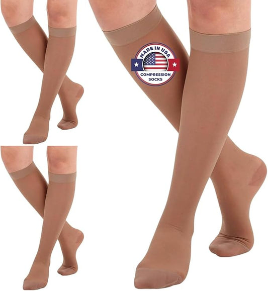 (3 Pairs - Closed Toe) Made in USA - Compression Socks for Women 15-20mmHg - Sheer Compression Knee High Stockings for Post Surgery, Pregnancy, Arthritis, Edema - Beige, Large - A101BE3-3
