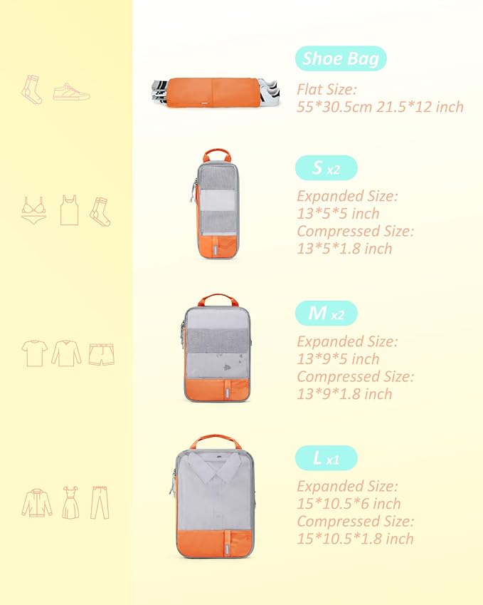 BAGSMART 6 Set Compression Packing Cubes - Lightweight Travel Essentials, Durable Luggage Organizer