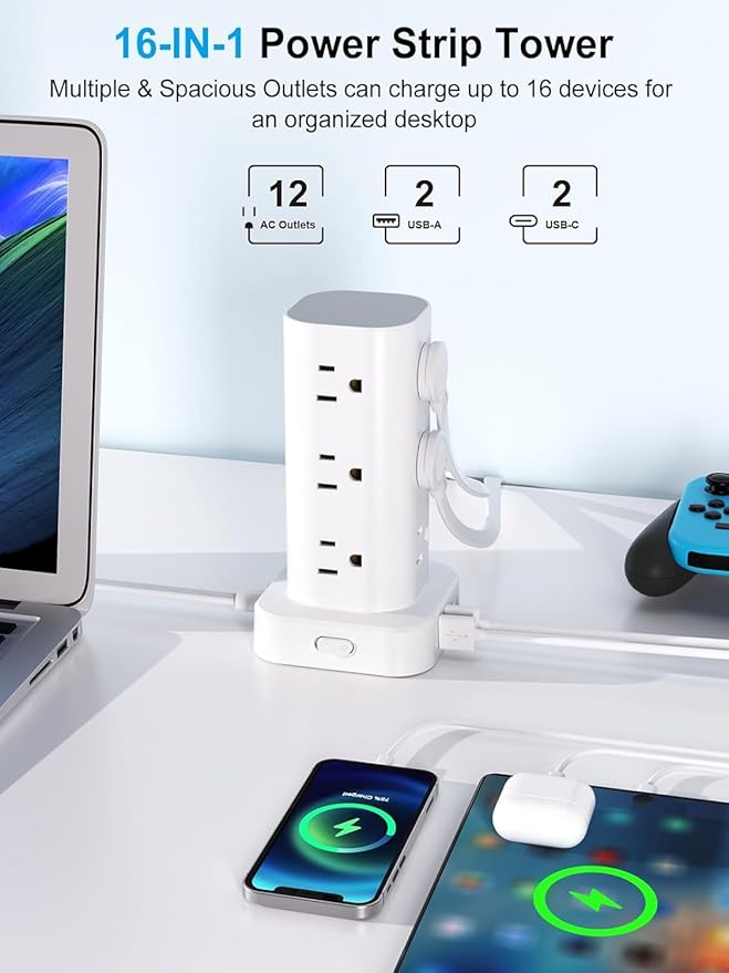 Power Strip Tower with Multiple Outlets, Flat Plug Surge Protector Tower Extension Cord with 12 AC Outlets 4 USB Ports (2 USB C), 15FT Cord Power Tower Surge Protector for Home Office Dorm Room, White