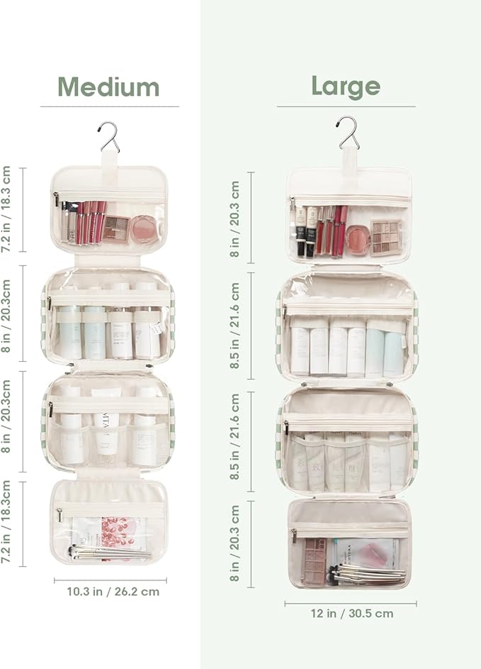 Narwey Hanging Toiletry Bag for Women Travel Checkered Makeup Bag Organizer Toiletries Bag for Travel Size Essentials Accessories Cosmetics (Mint Green Checkerboard (Medium))
