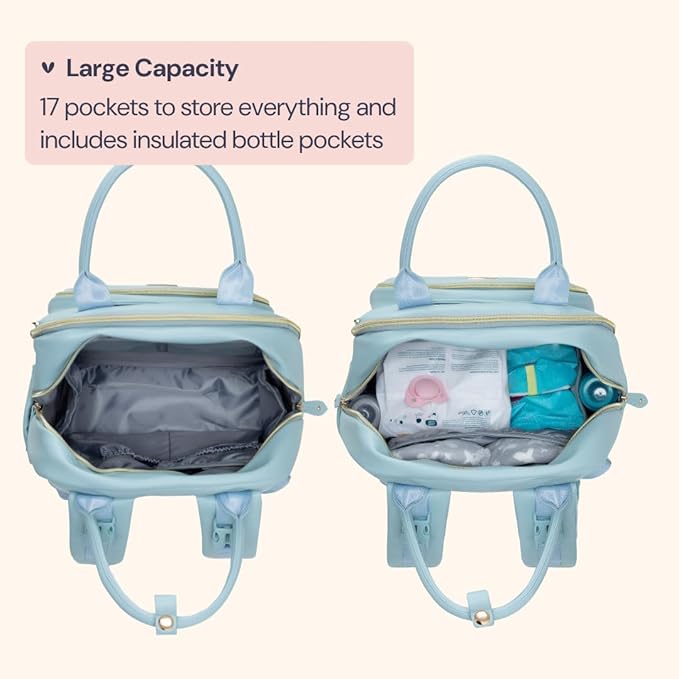 BabbleRoo Leather Diaper Bag Backpack - Baby Essentials Travel Baby Bag, Multi function, Water Resistant, with Changing Pad, Stroller Straps & Pacifier Case – Unisex, Powder Blue