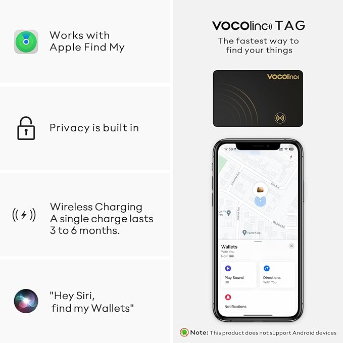 [Apple MFi Certified] VOCOlinc Air Card Tag Rechargeable Wallet Tracker 1.6mm 2 Pack Black, Item Finder Work with Apple Find My APP (iOS Only, Android not Supported),Locator for Luggage, Suitcase, Bag