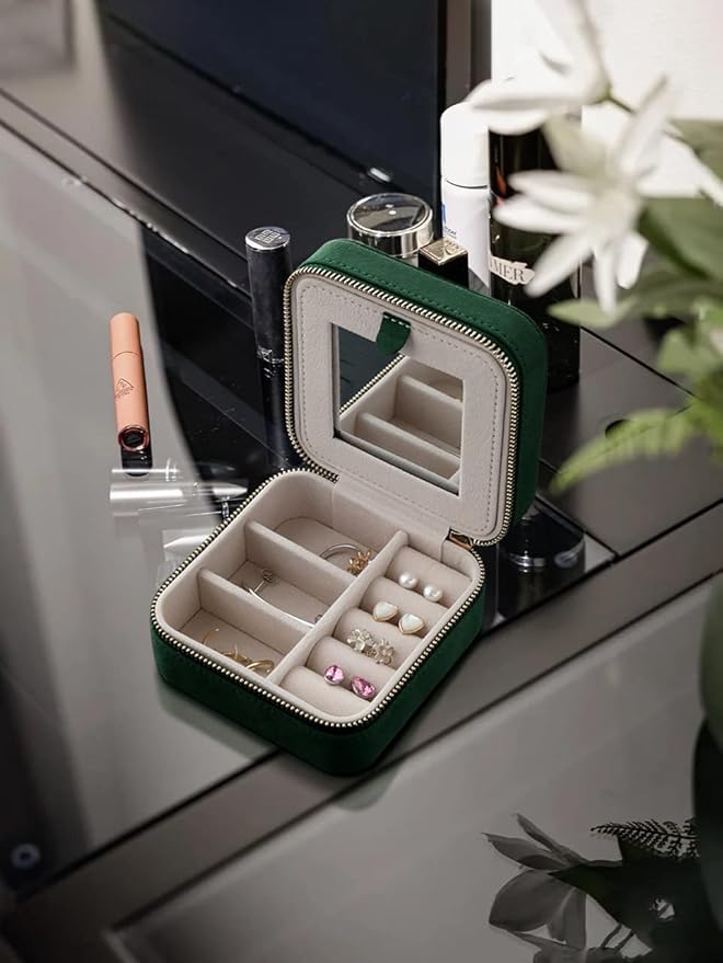 S.Leaf Travel Jewelry Organizer Travel Jewelry Boxes for Women Small Jewelry Travel Case Box Portable Travel Jewelry Case Travel Case Mini Jewelry (08_Suede_Touch_Emerald)